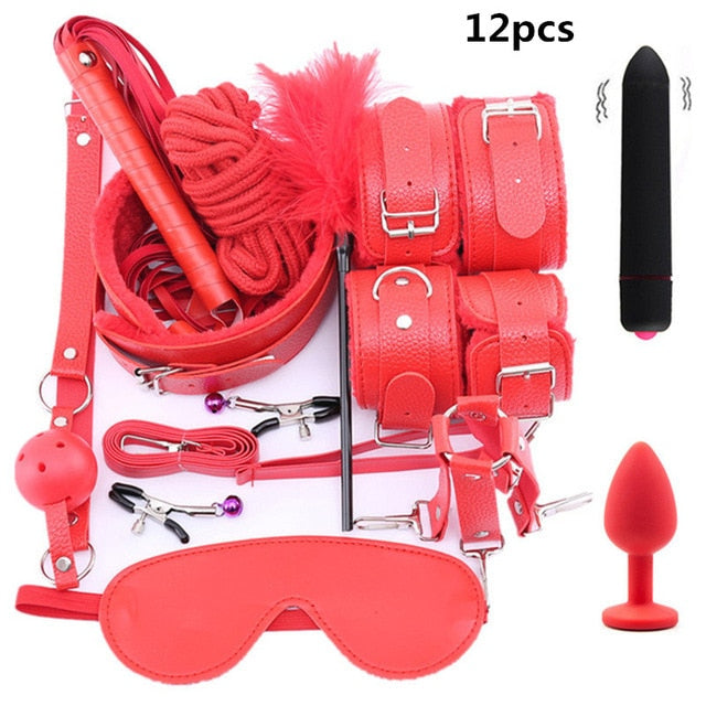 Leather Erotic BDSM Kits Bondage Handcuffs Whip Gag Nipple Clamps