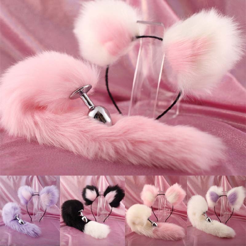 Cute Ears Headbands with Fox / Rabbit Tail Metal Butt Anal Plug Erotic Cosplay Accessories for Couples